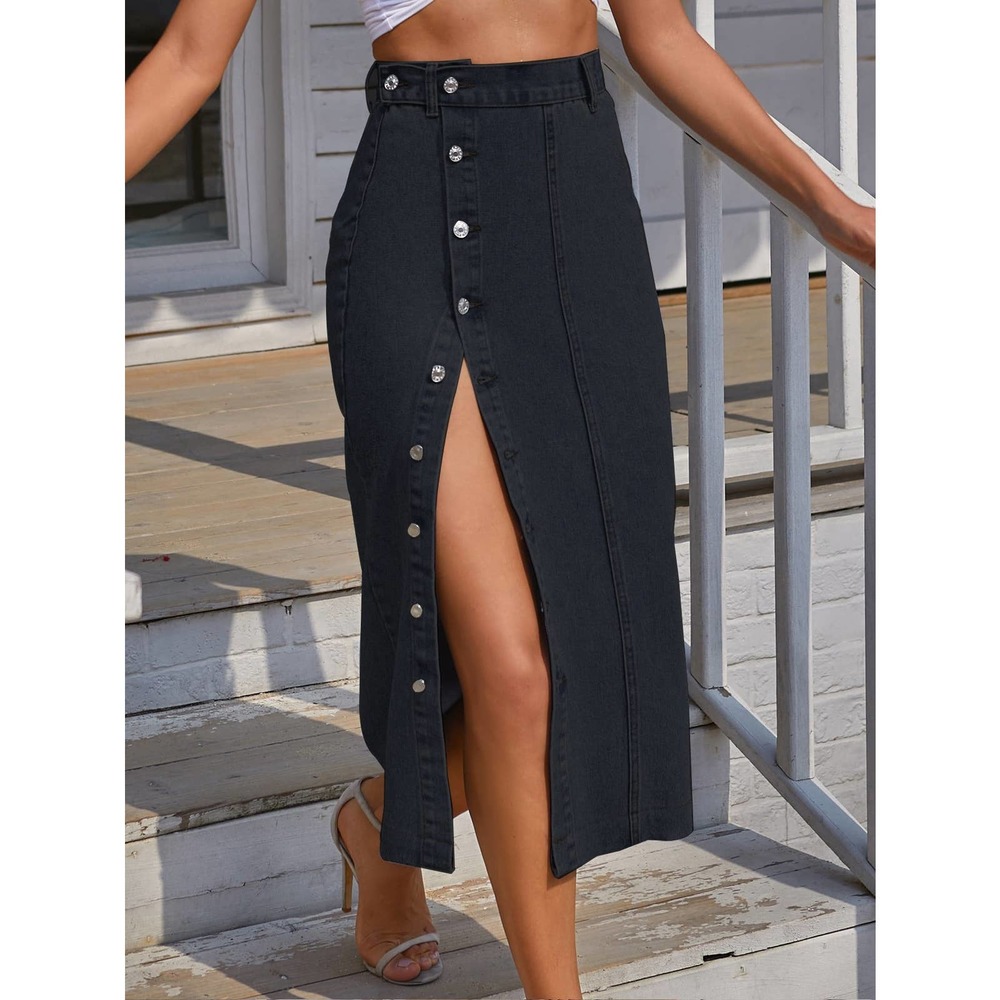 Button Front Longline Denim midi Skirt - Picture 6 of 12